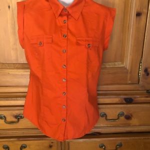 Orange Short Sleeve Button-Front Top; Petite M New
